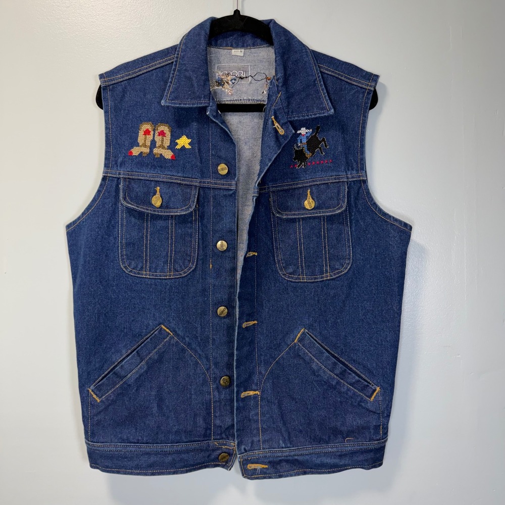 Chori Vintage Western‎ Denim Vest Blue Cross Stitch Embroidery Cowboy Medium